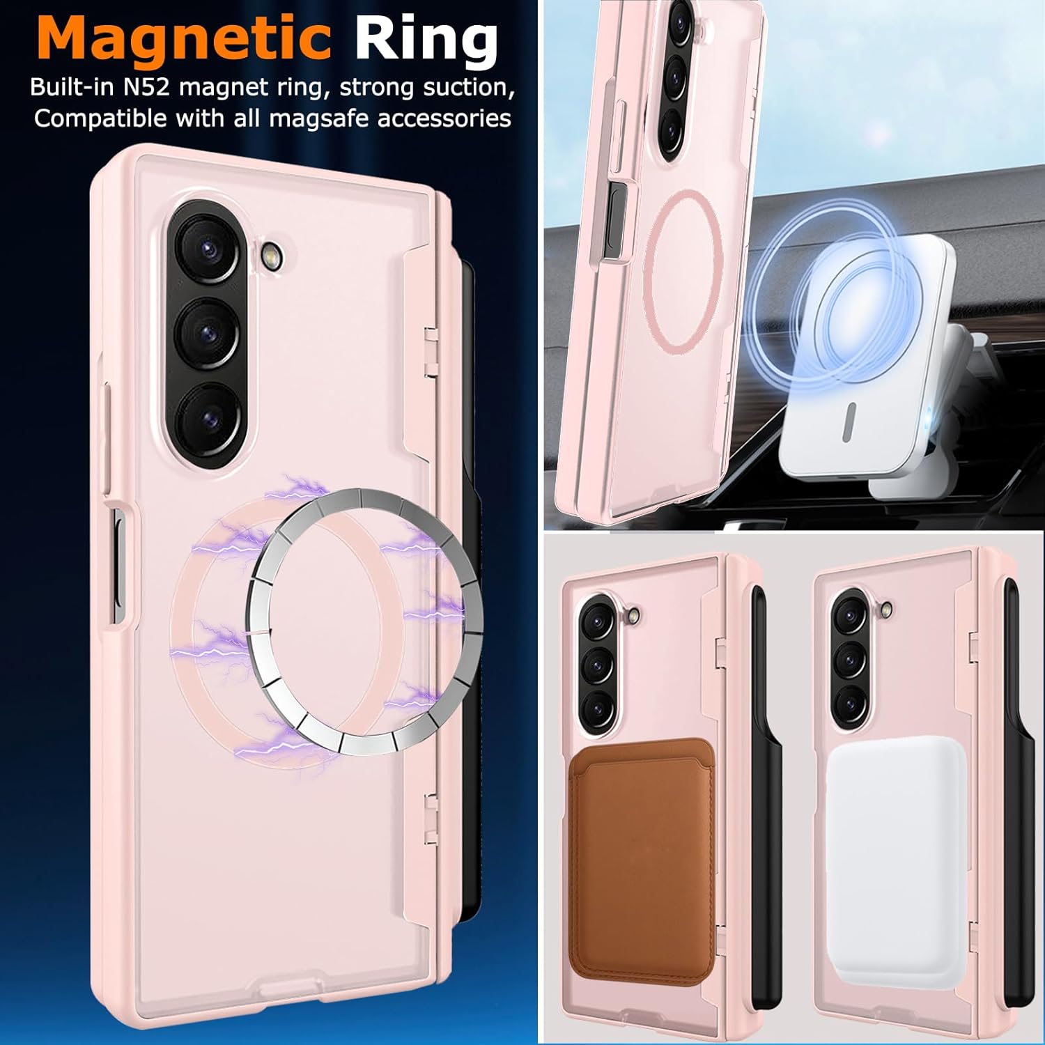 for Samsung Galaxy Z Fold 6 Case with S Pen Holder & Stylus,Fold6 Magnetic Case with Privacy Screen Protector Hinge Protection Compatible with Magsafe Pen Slot Cover for Z Fold 6 Pink