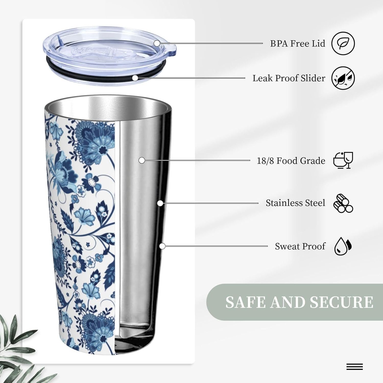 Blue White Porcelain Pattern Tumbler,Ceramics Flower 20oz Stainless Steel Insulated Travel Tumblers,Travel Coffee Mug with Lid and Straw Water Bottle Drink Cups Gifts for Women Men Lovers - Image 4