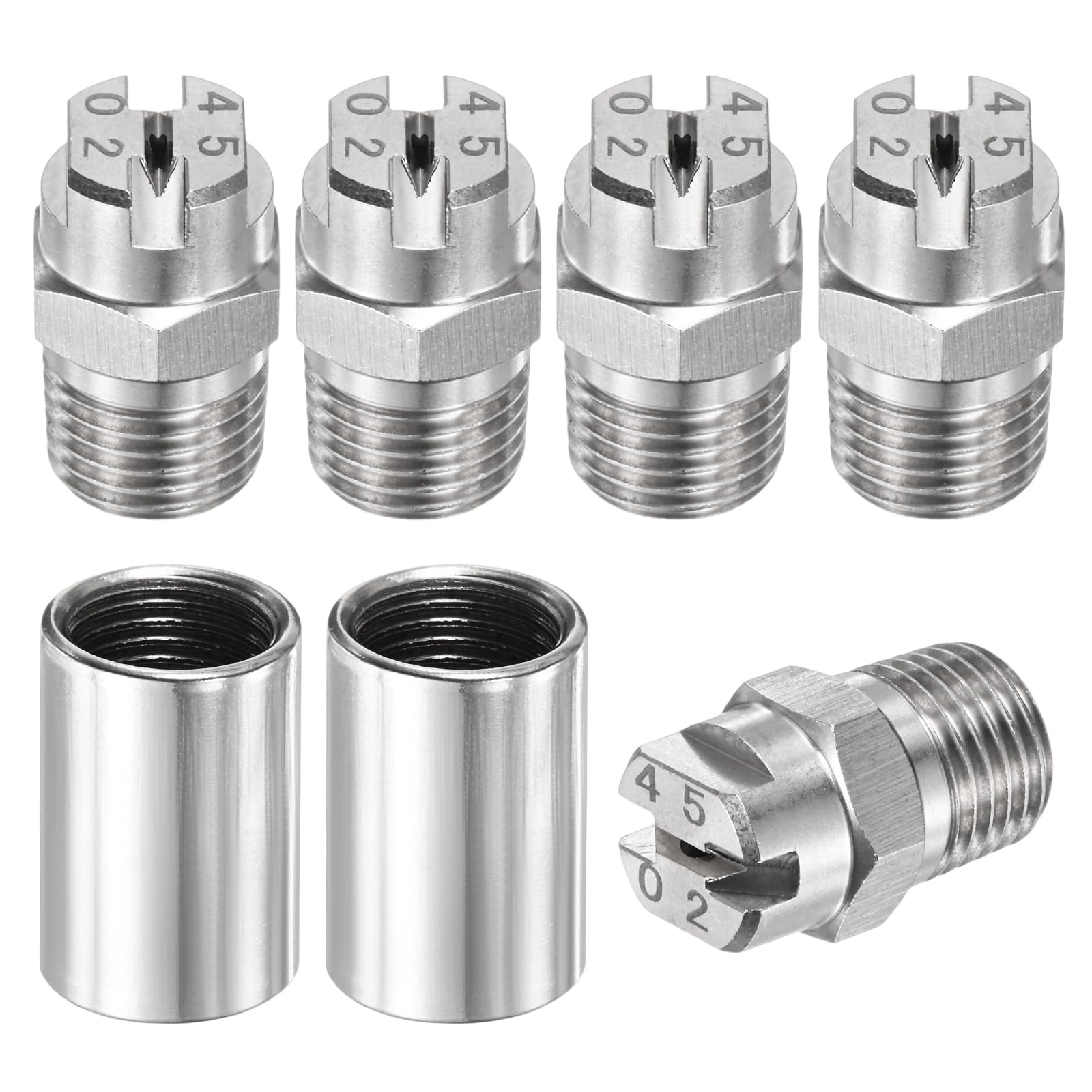 TIXIPEM 1/4" BSP Male 45 Degree Flat Fan Spray Tip [7PCS] - High Pressure Washer Spray Nozzle with 1/4" BSP Female Pipe Fitting Used for Water Guns - [Stainless Steel-0.91MM]