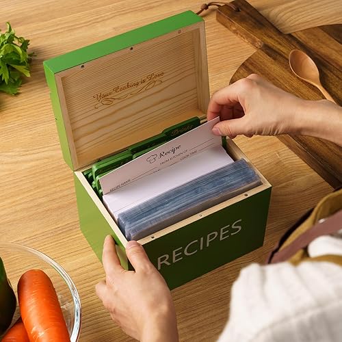Miniatura 4 de Caja de recetas de madera con tarjetas y separadores de madera, tapa con soporte para teléfono y soporte para tarjetas de recetas, 100 tarjetas de