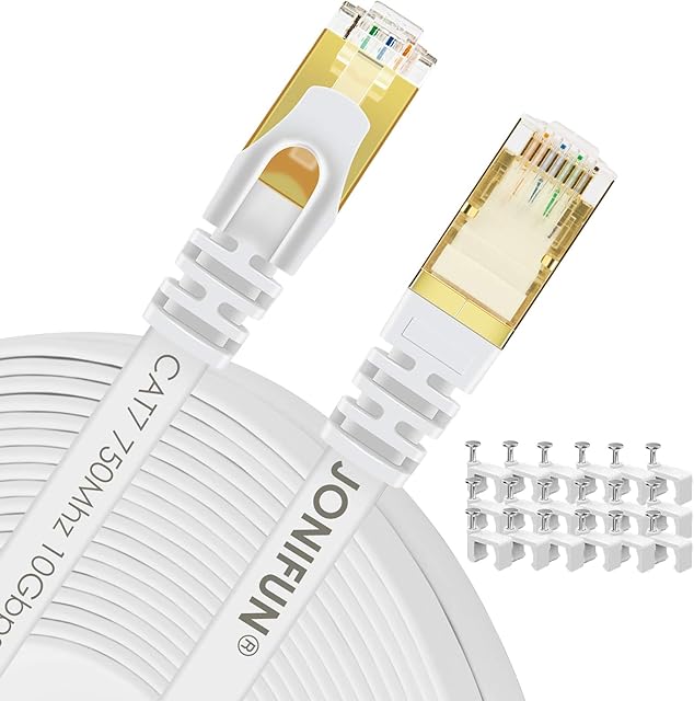 JONIFUN 10m Cat 7 Ethernet Cable - Fastest Cat7 Flat Ethernet Patch Cables 750Mhz 10GB - Internet Cable for Xbox,PS4,PS3,Modem,Router,LAN,Switch-Compatible Cat5e/Cat6a/Cat6 Network - WHITE
