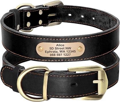 Didog Genuine Leather Dog Collars with Engraved Nameplate, Personalized Soft Leather Dog Collar with Custom ID Tag, Brown/Green/Red for Medium Large Dogs XL,Black