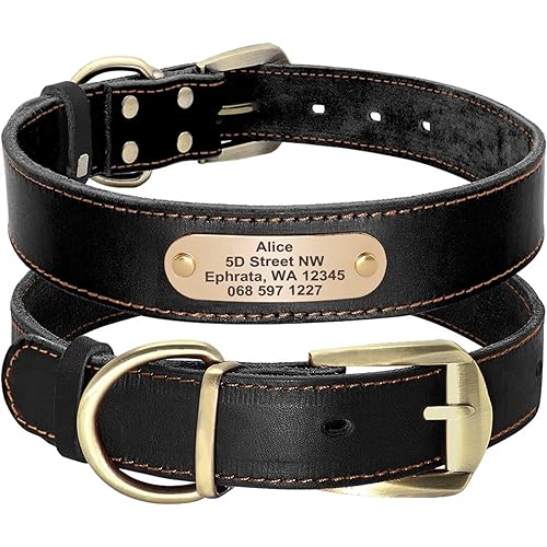 Didog Genuine Leather Dog Collars with Engraved Nameplate, Personalized Soft Leather Dog Collar with Custom ID Tag, Brown/Green/Red for Medium Large Dogs (L,Black)