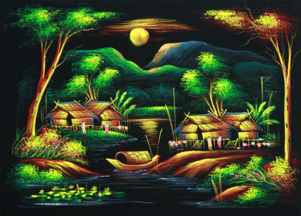 MangoNest Colorful Hand-Painted Asian Thai Velvet Oil Painting: Nittaya