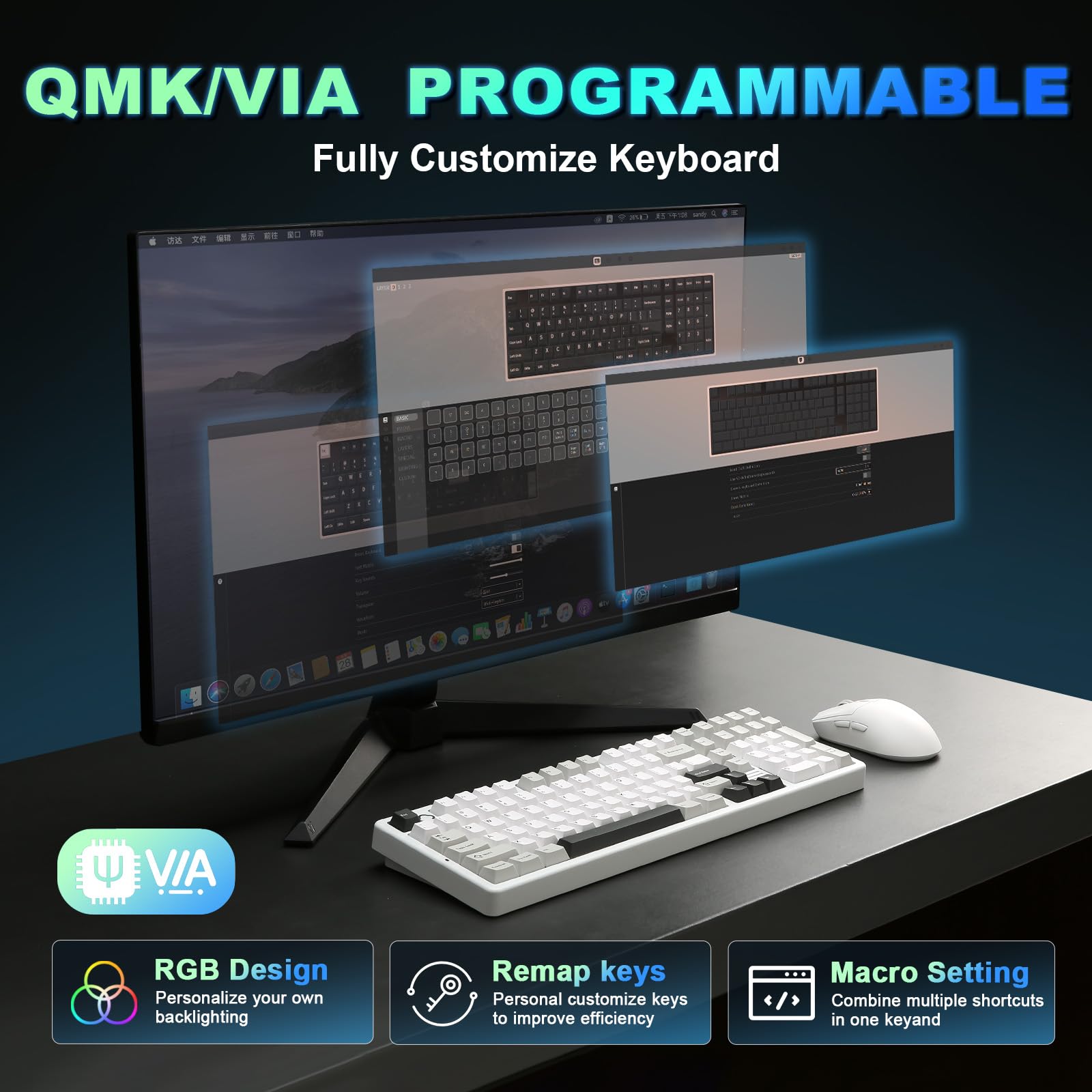 YUNZII AL98 Tastiera Meccanica Gaming Senza Fili, Tastiera Gamer in Alluminio, BT/2.4Ghz/USB-C, RGB, QMK/VIA Programmabile, Hot-Swap Tasti PBT per Win/Mac (Bianco, Milk V2 Linear Switch)