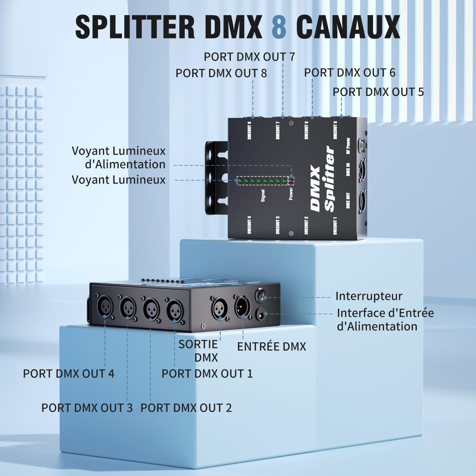 Répartiteur Optique DMX sans Fil, Amplificateur de Signal DMX512 avec 1 Entrée et 8 Sorties Indépendantes pour PAR LED Moving Head Lampe Lumière de Scène Disco DJ Fête