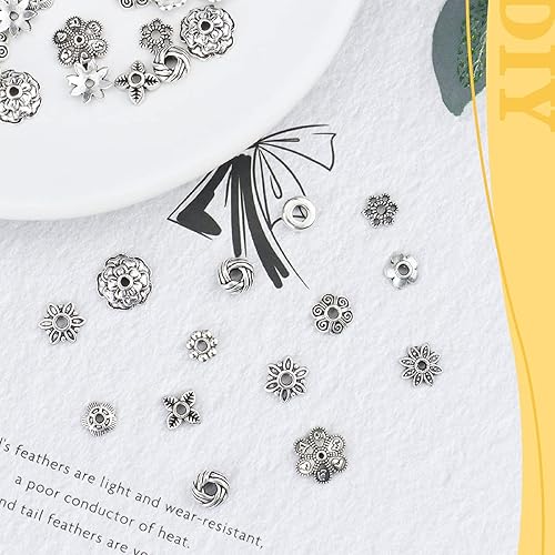 Miniatura 5 de 360 tapas de cuentas espaciadoras plateadas, 12 estilos, espaciadores de cuentas de aleación tibetana para hacer joyas, pulseras, suministros de