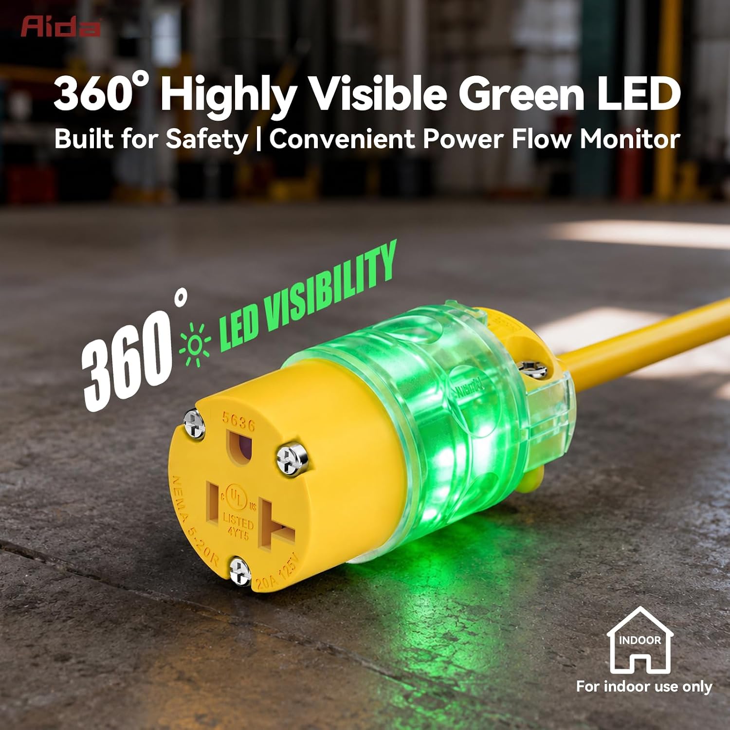 AIDA Lighted Electrical Outlet, 20 Amp 125 Volt Commercial Grade Duplex Receptacle, NEMA 5-20R, Grounding Straight Blade Outlet with Indicator Light, Yellow, 1 Pack