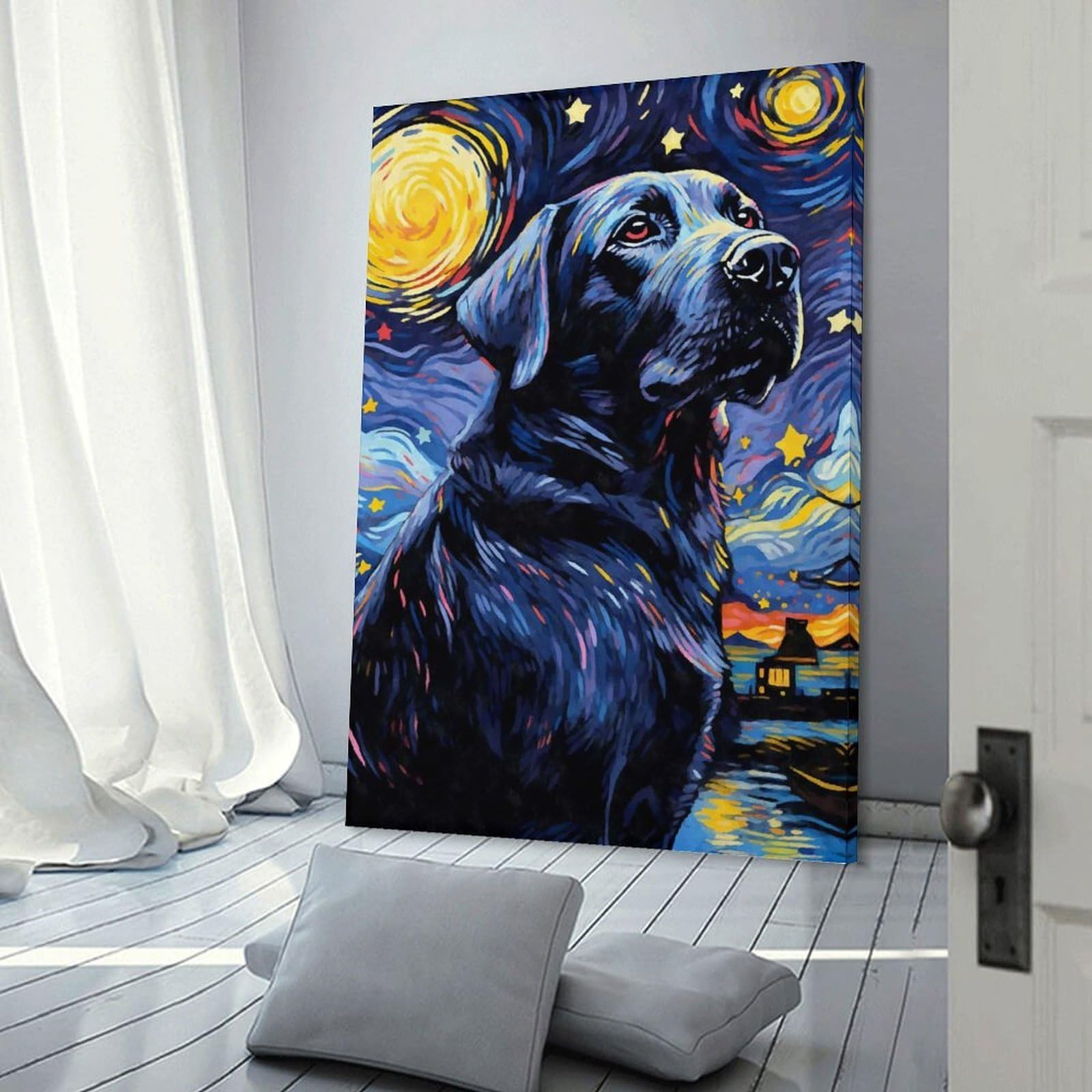 Junmoney Labrador Starry Night Canvas Art Print, 24x36inch(60x90cm), for Living Room, Bedroom, Office Or Hallway, Decorative Artwork with Broad Appeal