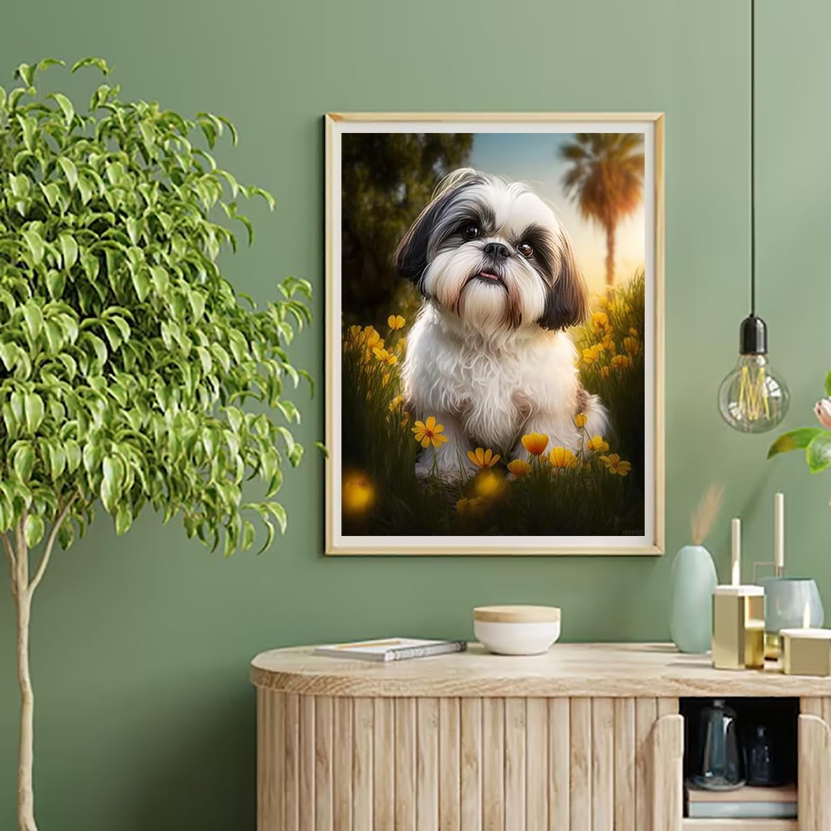 YEEIFFD Shih Tzu Diamond Painting Kits, Animals Dog Colorful Flowers 5D Diamond Painting DIY Full Drill Round Art Gems for Adults Beginners Home Wall Decoration 12x16 inch