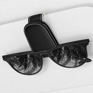 NPOOYI Sunglasses Holder for Car Visor, Magnetic Leather Car Sunglass Holder, Car Sun Visor Glasses Hanger Clip, Car Interior Accessories for Women Men, Fits All Size Eyeglasses, Black