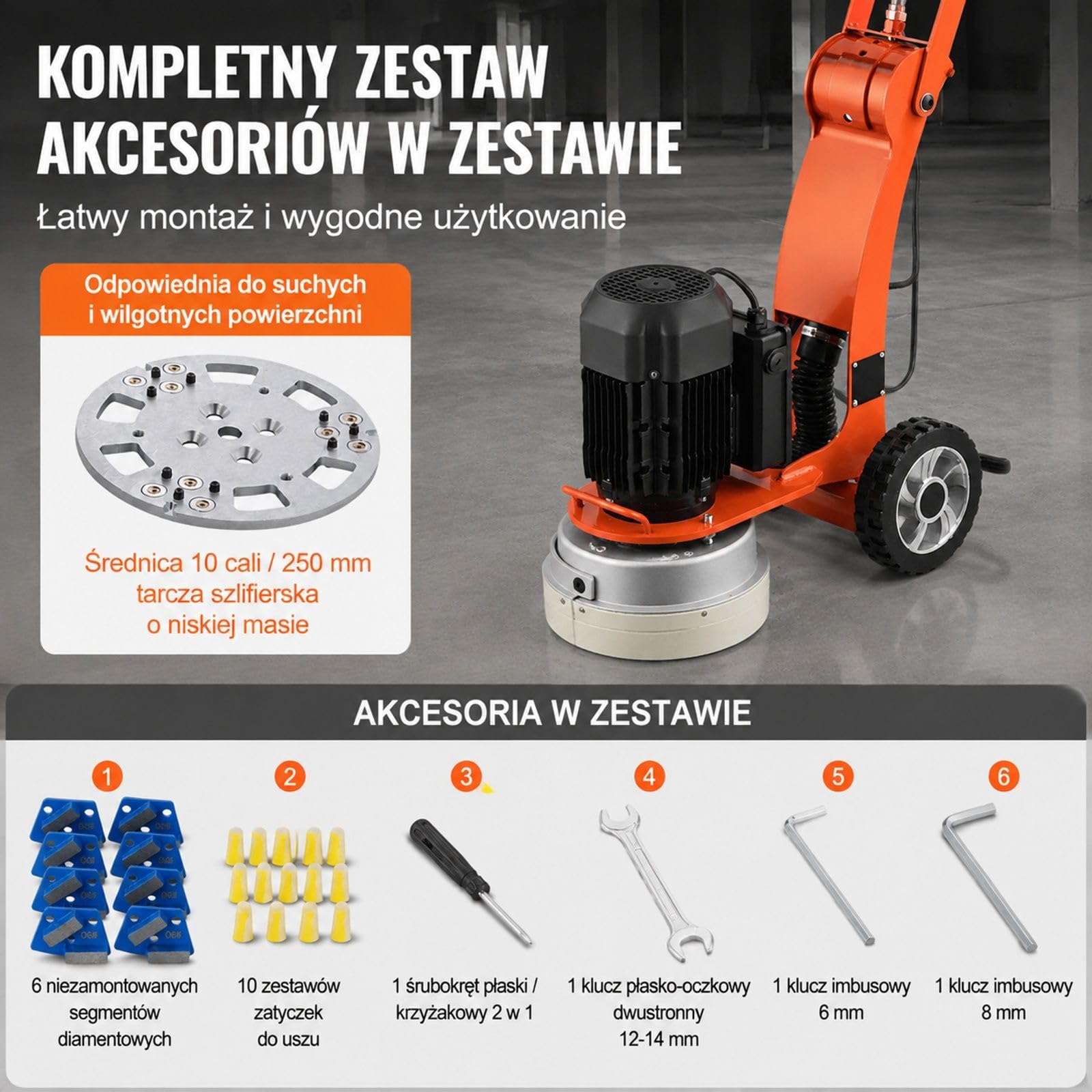 Szlifierka do posadzek betonowych 2200 W 1430 obr/min, silnik bezszczotkowy, praca na mokro i sucho, regulowany uchwyt, pomarańczowa