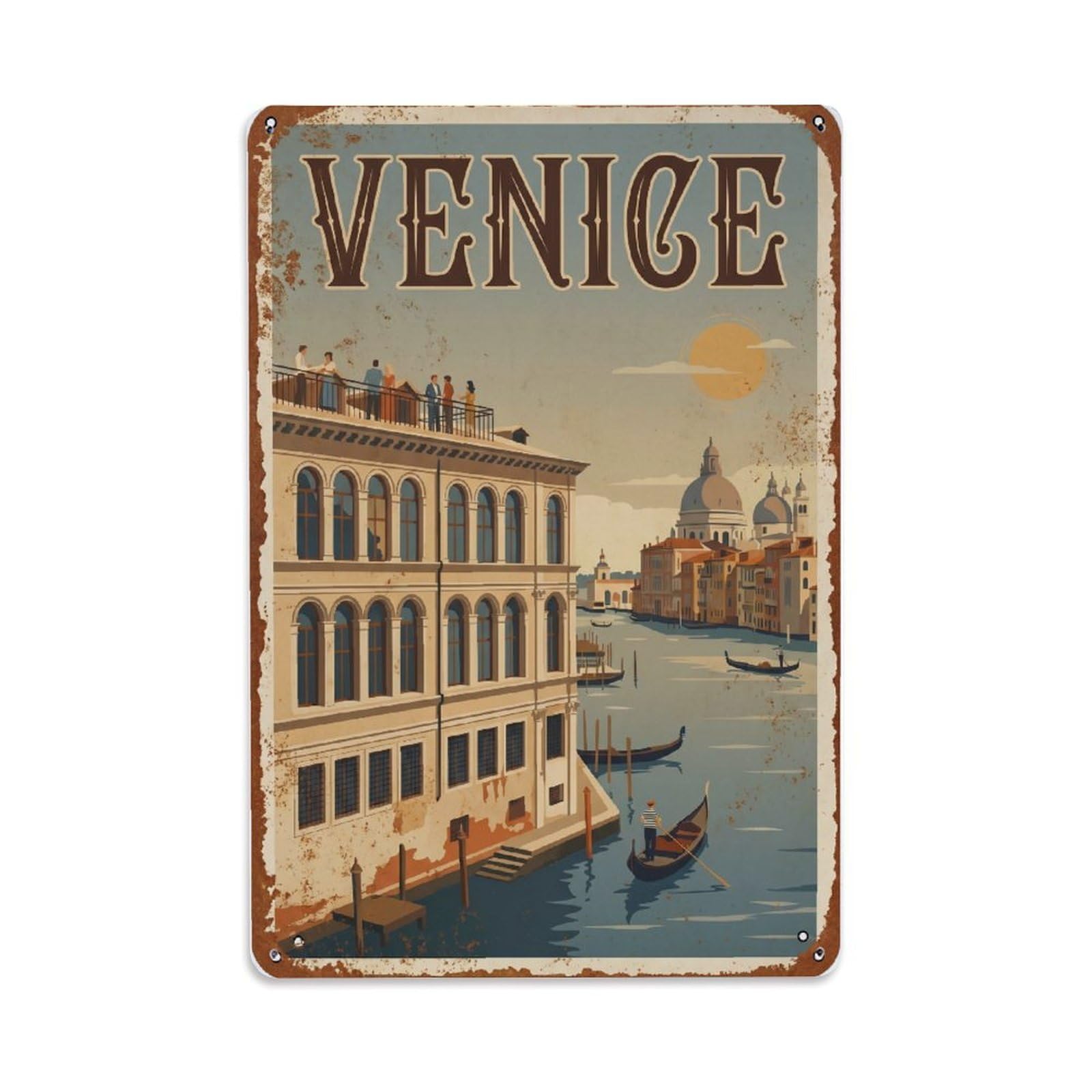 Vintage Travel Venice Fondaco Dei Tedeschi Rooftop Terrace Views Rusted Italy Metal Tin Sign Plaque Wall Decor for Cafe, Club Bar, Office, Home Garden Metal Poster 8x12Inch