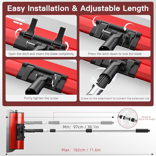 Kit de spatules de surface (250/400/600 mm) et tige télescopique de 0,97 m à 1,82 m avec adaptateur, kit de spatule de lissage multifonction pour grand espace de travail, décoration murale (Rouge) - 4