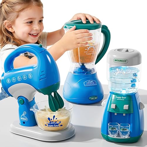 Juego de electrodomésticos de cocina 3 en 1 para niños, juguetes de simulación con licuadora, mezcladores, dispensador de agua, sonidos y luz