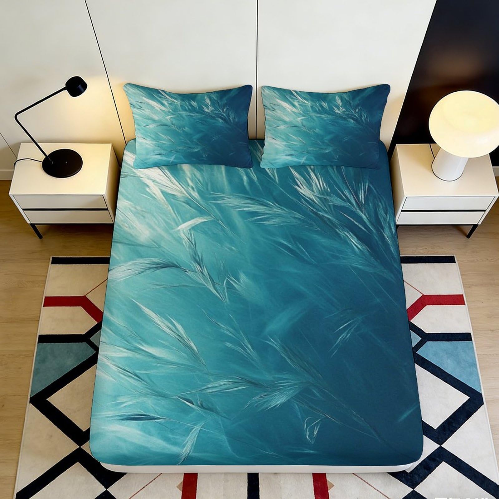 Uynsixtme Style-1 3D Printed Feather Pattern Fitted Sheet Microfiber Deep Pocket Non-Slip Feather Mattress Fitted Cover For Bedroom 140X200x25cm