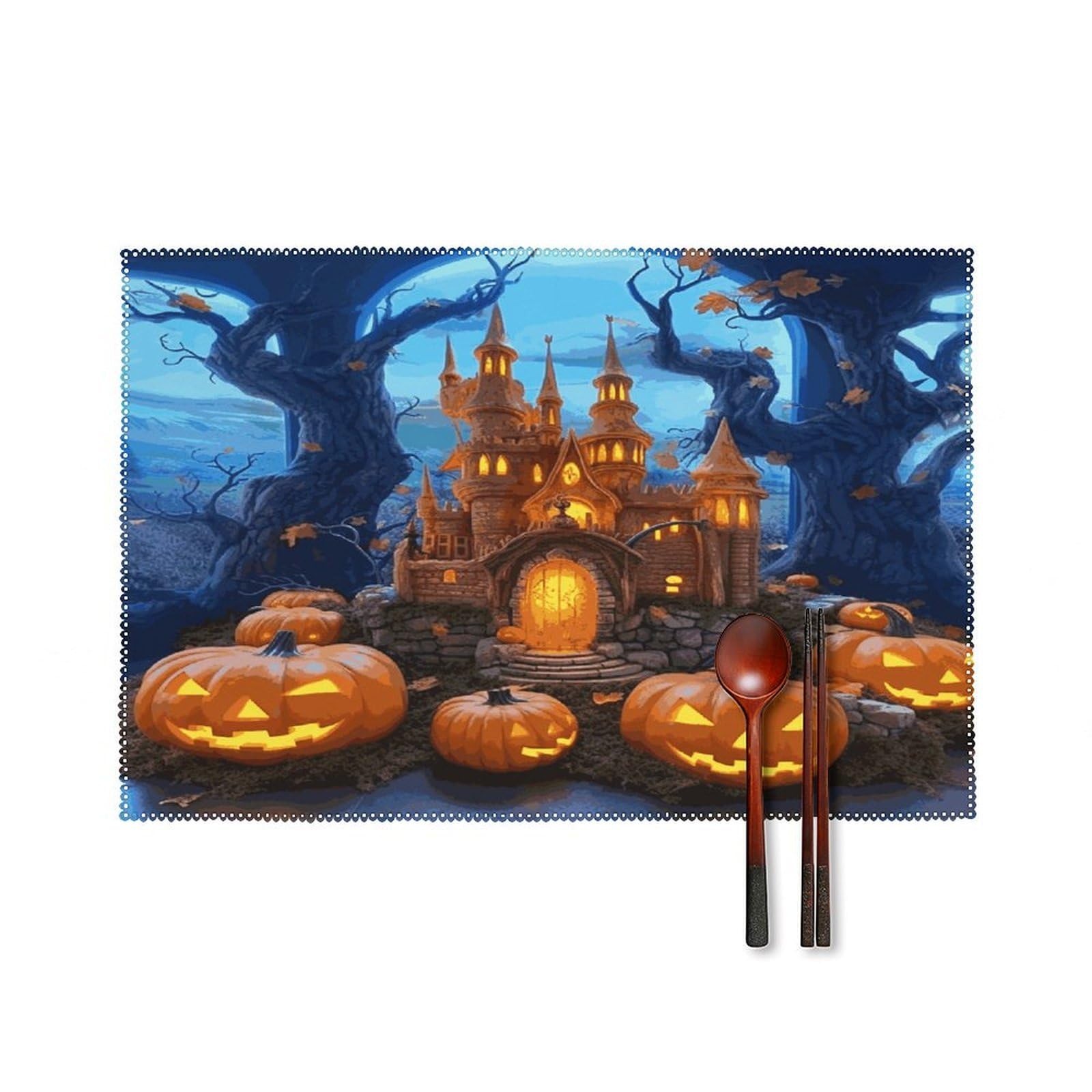 Btcowzrv Style Halloween Castle Pumpkin Canvas Placemats Set Of 6, Wipeable Washable Place Mats For Indoor & Outdoor, Table Mat Decor For Kitchen Dining Party