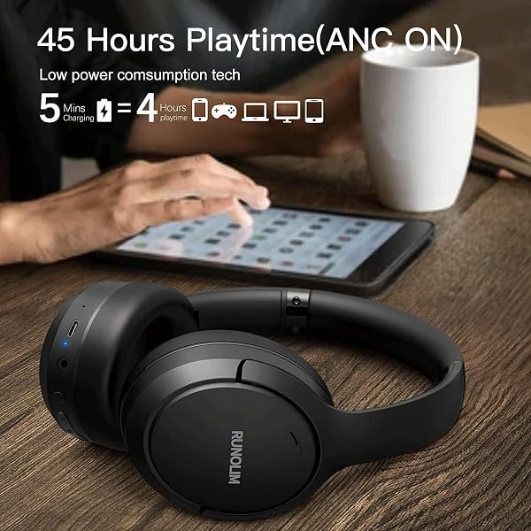 RUNOLIM RUNOLIM Hybrid Active Noise Cancelling Headphones, Wireless Over Ear Bluetooth Headphones with Microphone, 70H Playtime, Foldable Headphone with HiFi Audio, Deep Bass for Home Travel Office in use