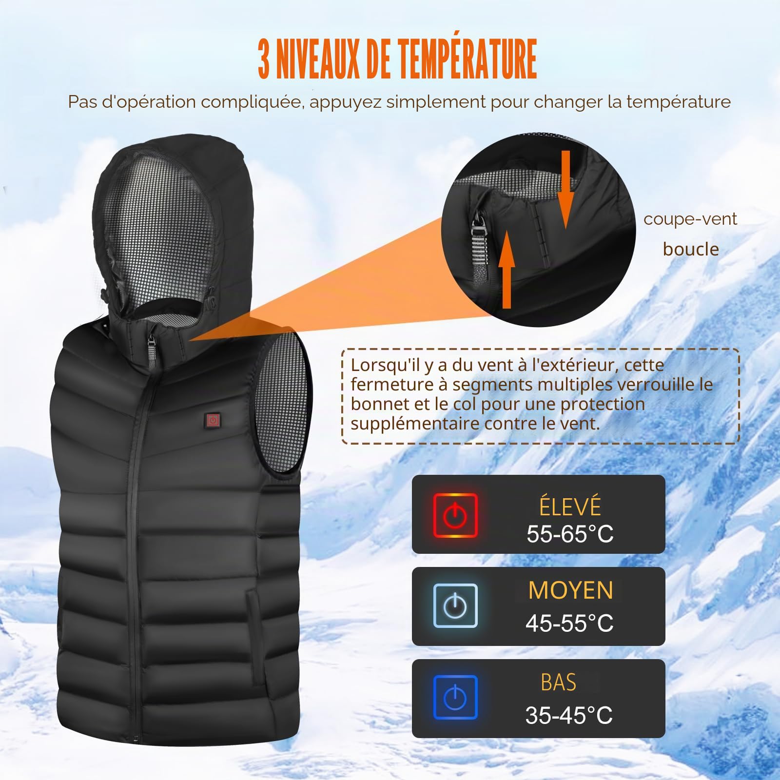 Gilet Chauffant Hommes Femmes, Gilet Chauffant Electrique Matériau Super Chaud 3 Réglages de Température Veste Chauffante pour Sports Motorisés Voyage Extérieur Cyclisme Ski (SANS BATTERIE)