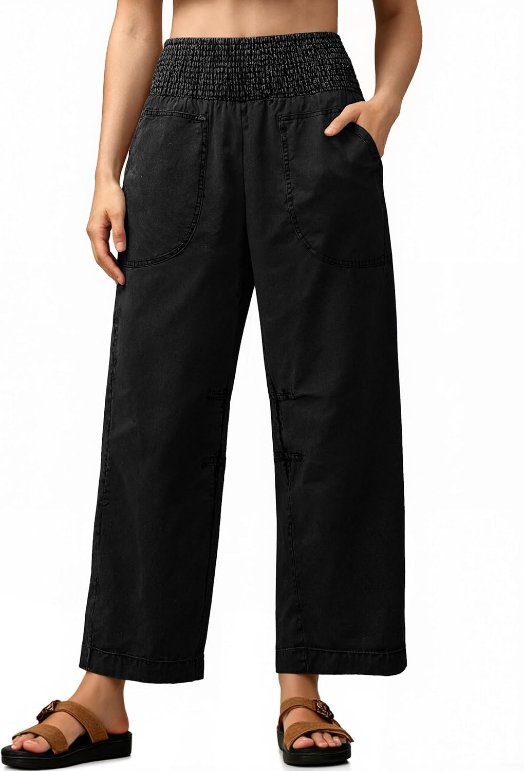 Cicy Bell Womens Smocked Barrel Jeans Casual Trendy High Waisted Baggy Pull On Denim Pants