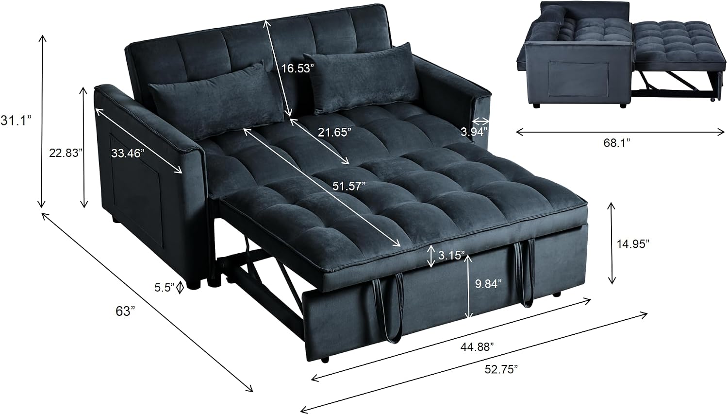 incomplete,3 in 1 convertible sleeper sofa bed, pull out couch loveseat futon, adjustable backrest velvet sofa with pillows and side pockets for living room apartment, modern black