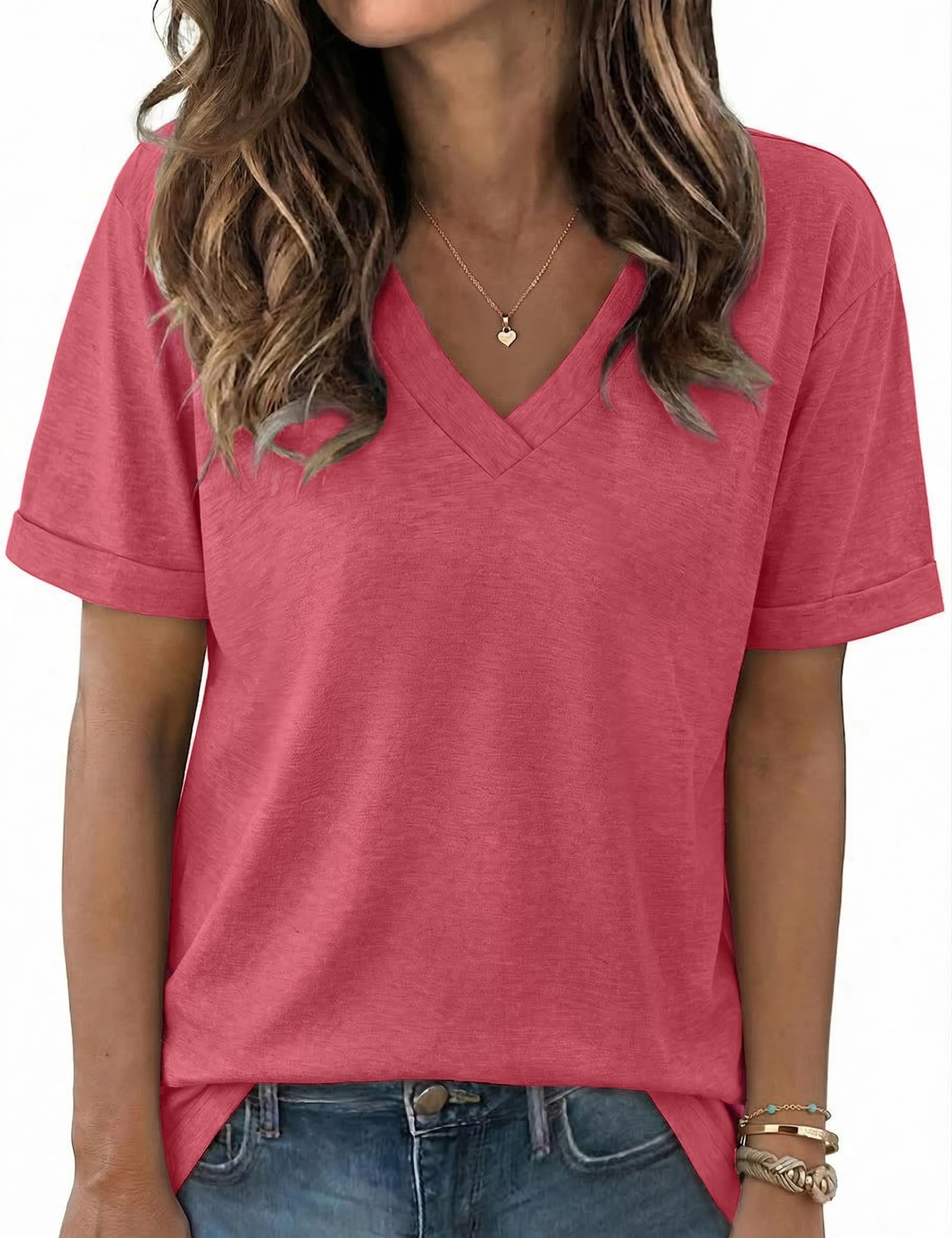 Aottori Tshirt Damen Oversize T-Shirt Kurzarm V Ausschnitt Oberteil Locker Basic Shirt Tops Sommer Oberteile Elegant Casual Rot XL