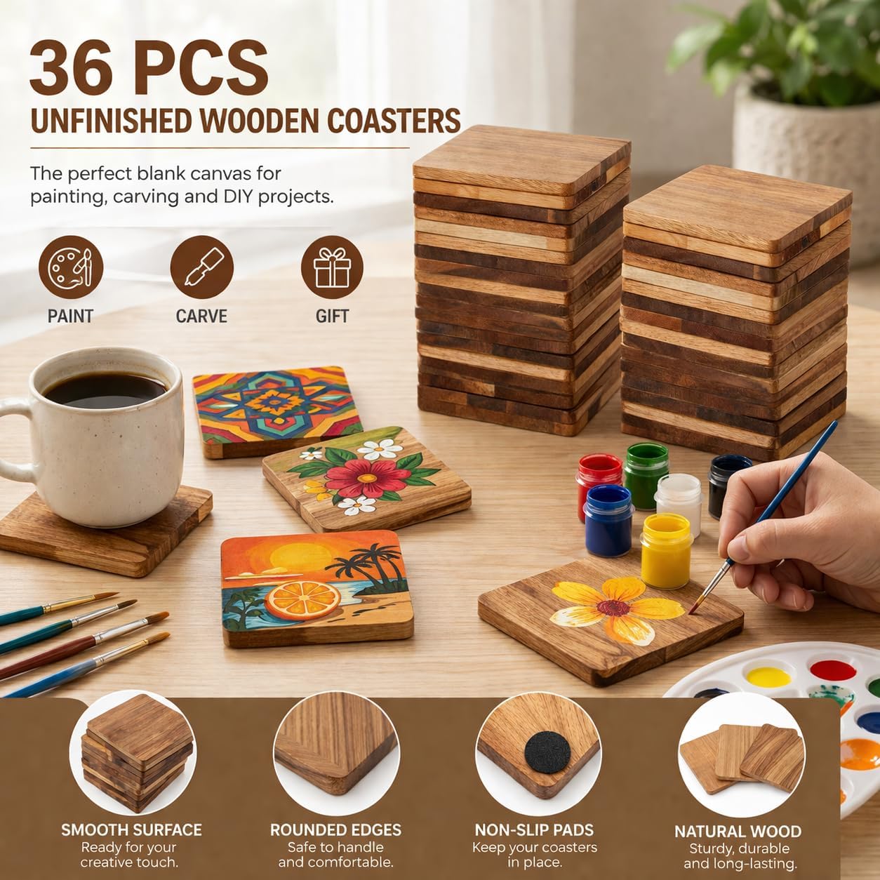 Unfinished Acacia Wood Coasters, 36 Pack 4 Inch Square Coaster Blanks with Non Slip Dots for Painting, Engraving, Wood Burning, DIY Gifts and Home Decor