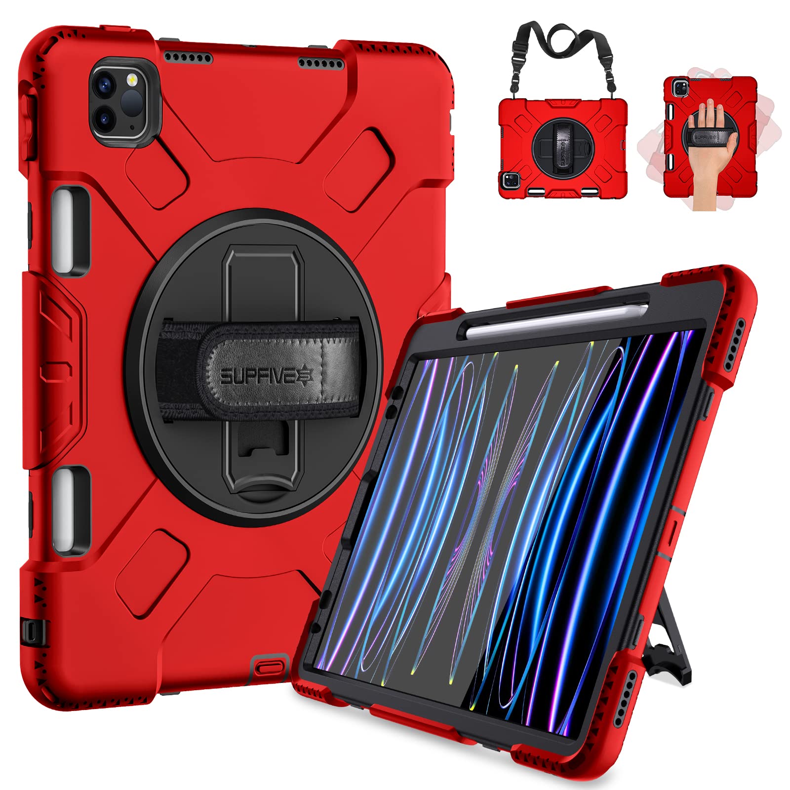 SUPFIVES 2022 iPad Pro 11 inch Case (4th Generation),Upgraded Military Grade Shockproof Silicone iPad Pro 11 4th/3rd/2nd Gen Cover Pencil Holder+ Handle+ Shoulder Strap+ Rotating Kickstand, Black — Amazon image 16