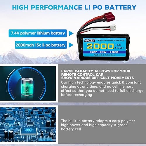 Miniatura 5 de 2 baterías Lipo de 7.4 V 2000 mAh 15C 2S con enchufe en T y cargador 2 en 1 para WLtoys 12423 12401 12403 12428 Autos RC de alta velocidad 110, 112,