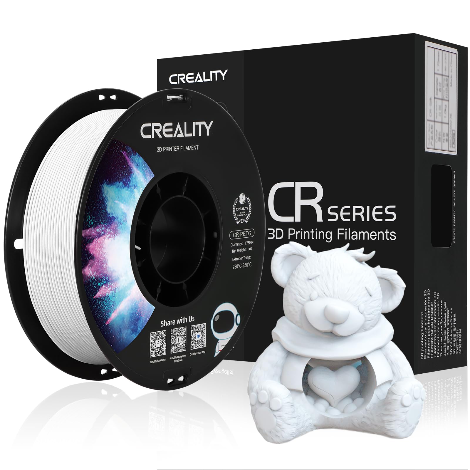 Creality Filamento PETG 1,75 mm, Ufficiale Filamento Stampante 3D Che Non si Aggroviglia, Forte Legame e Prestazioni a Sbalzo Precisione Dimensionale +/-0,03 mm, 2,2 lbs/Spool, Bianco
