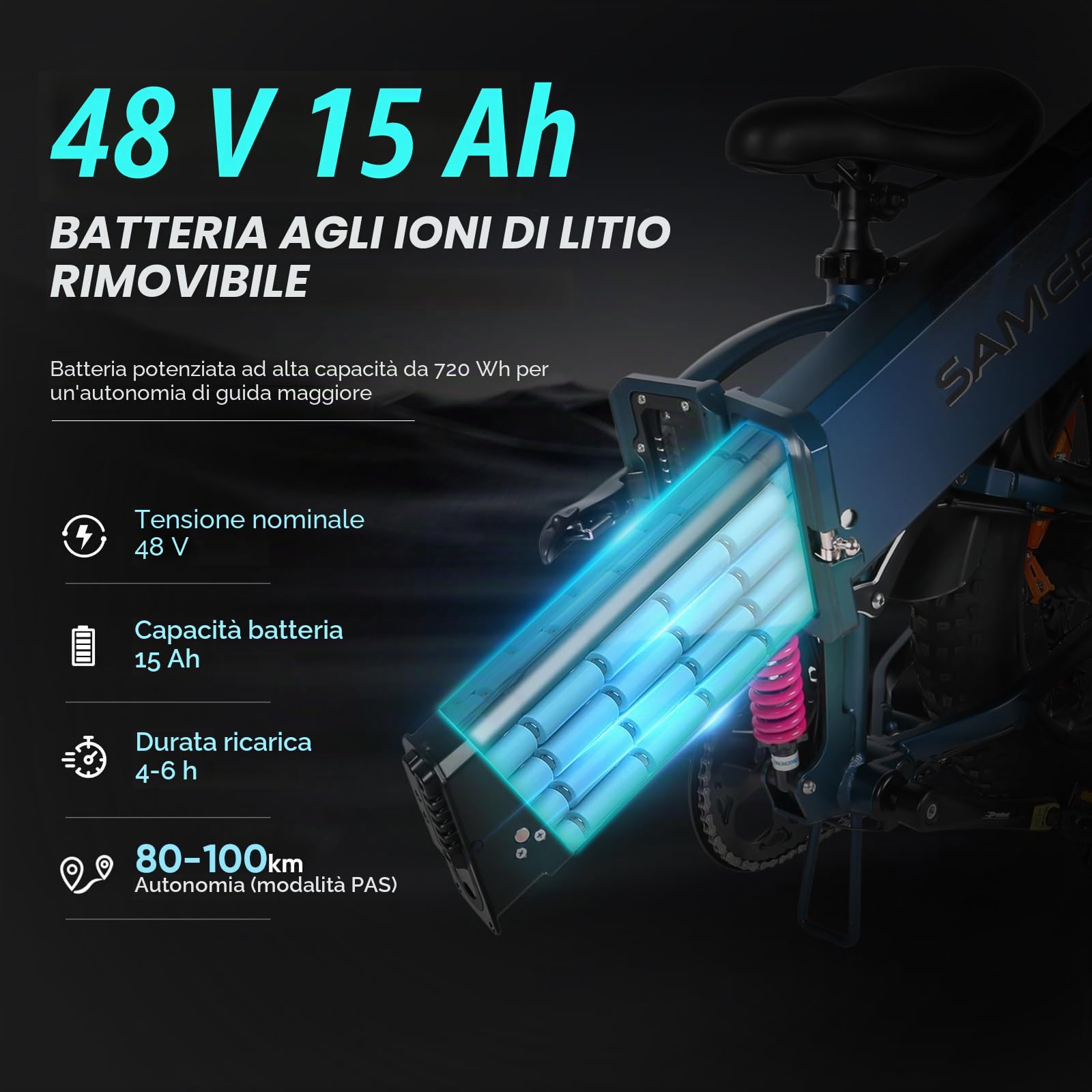SAMEBIKE fat bike elettrica A02Pro 100km di autonomia 20"x4" fat bike elettrica pieghevole Batteria sostituibile da 48V e 15Ah Sospensione anteriore - Biciclette da pendolare a 7 velocità