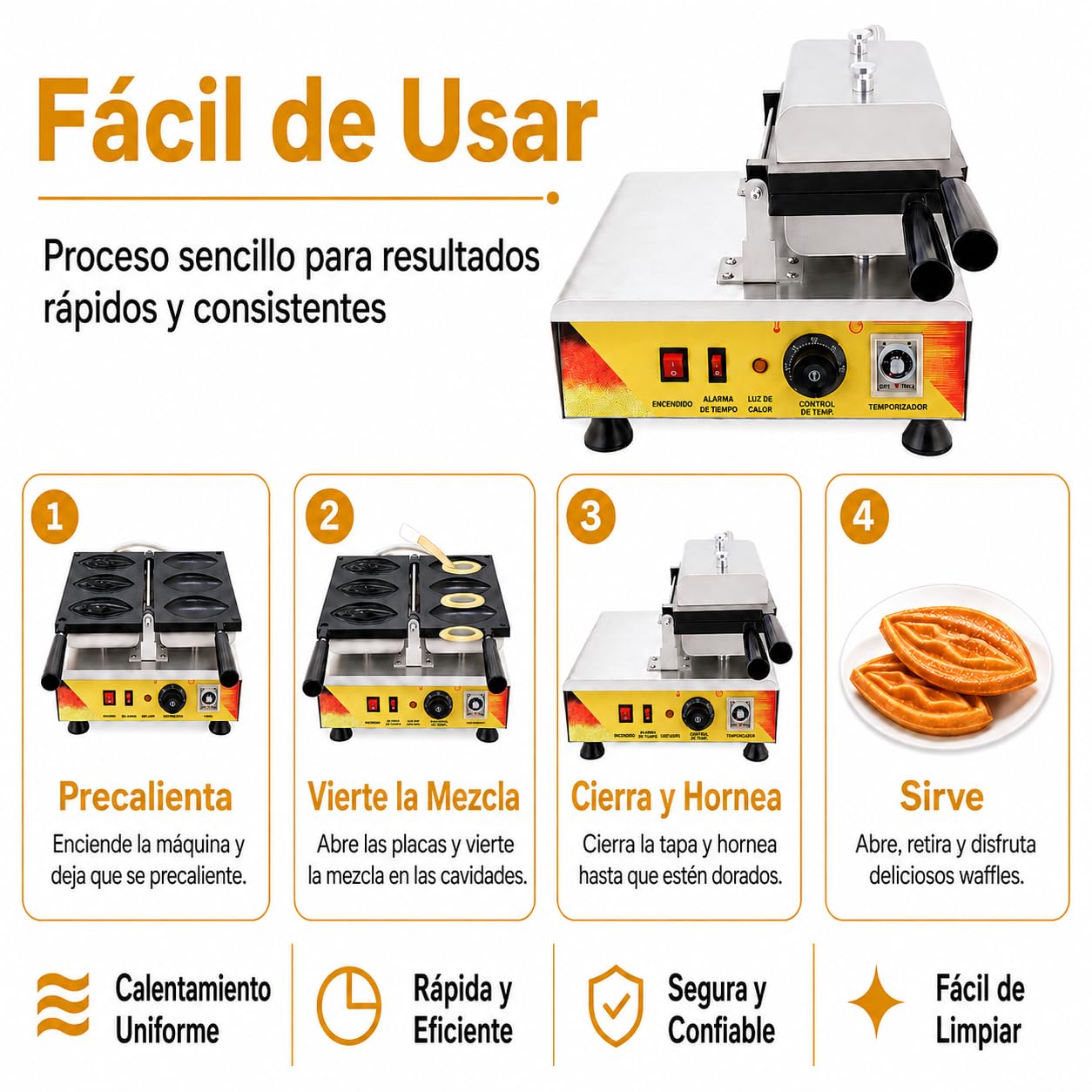 Gofrera Profesional 3 Moldes Diseño Creativo 1,56 kW | Control de temperatura regulable，Temporizador integrado，Calentamiento uniforme，Panel frontal sencillo