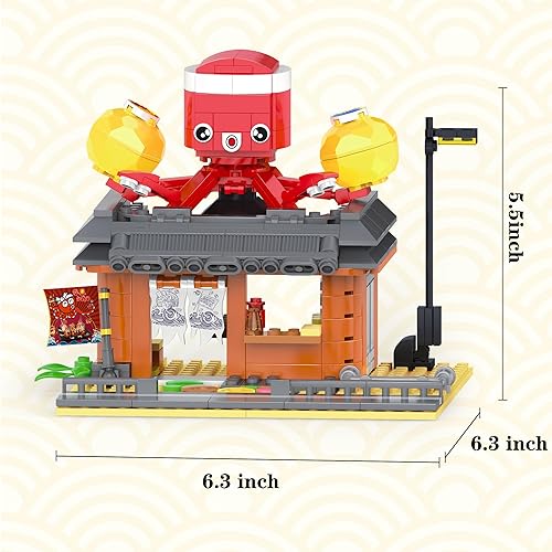 Miniatura 3 de Juego de bloques de construcción de tienda Takoyaki con vista a la calle japonesa, juego de modelos creativos de arquitectura de la ciudad de Japón,