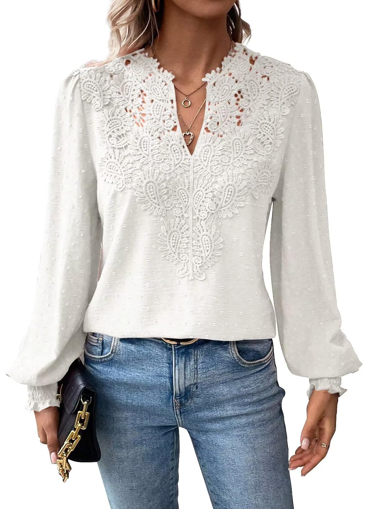 TUUHAW Top Damen Boho Bluse Langarmshirt Oberteile Elegant V-Ausschnitt | Fließend Rüschen Shirt, Süß Elegant Longshirt, Lässig Longsleeve, Spitze Kleidung, Sexy T Shirt, Frühling Herbst Outfits