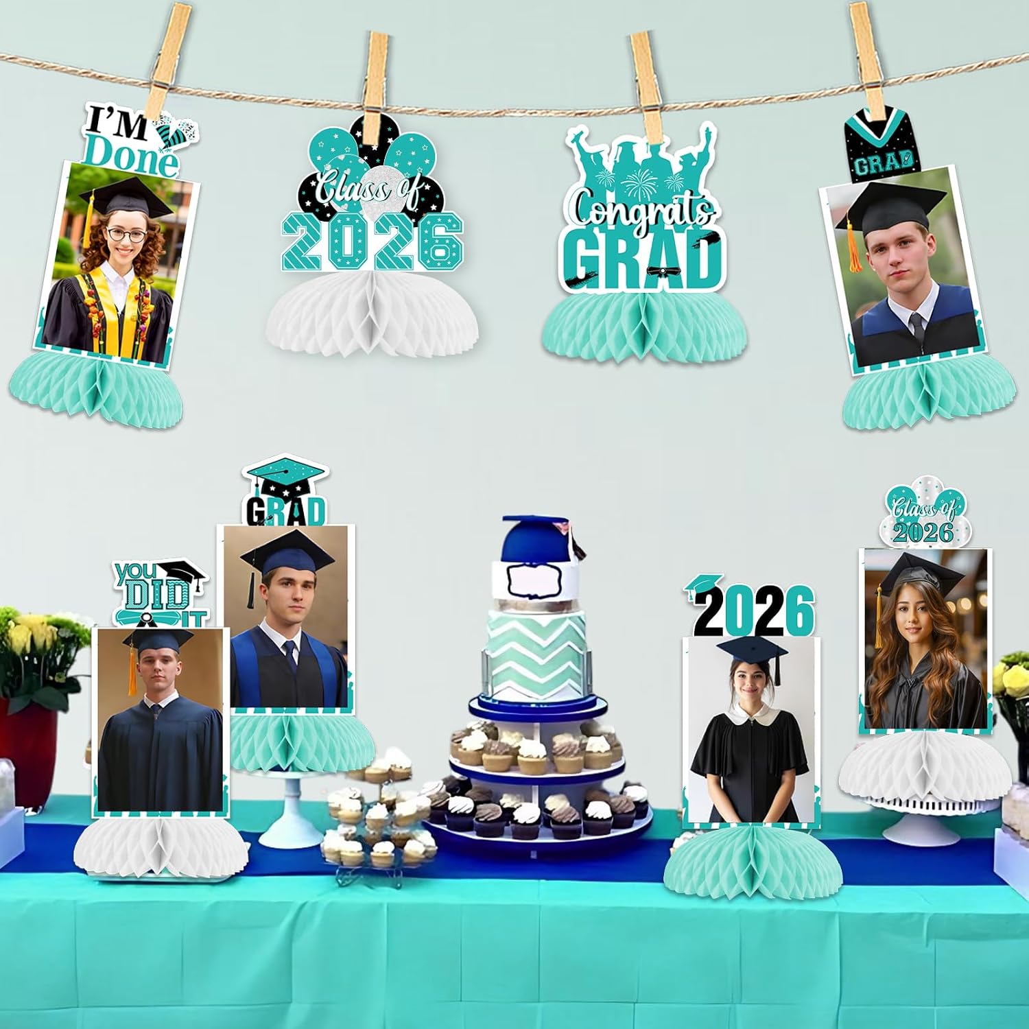 8Pcs Graduation Theme Honeycomb Centerpieces, Teal Graduation Party Table Decorations 2026, Congrats Grad Photo Decor for Senior High School College Graduation Party Supplies Favor Props