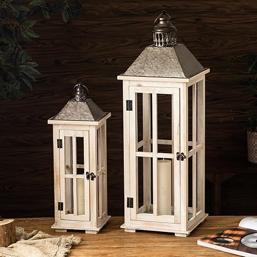 Miniatura 4 de TIMRIS Juego de 2 linternas decorativas grandes de madera rústica, modernas linternas de piso de lavado blanco envejecido para interioresexteriores,