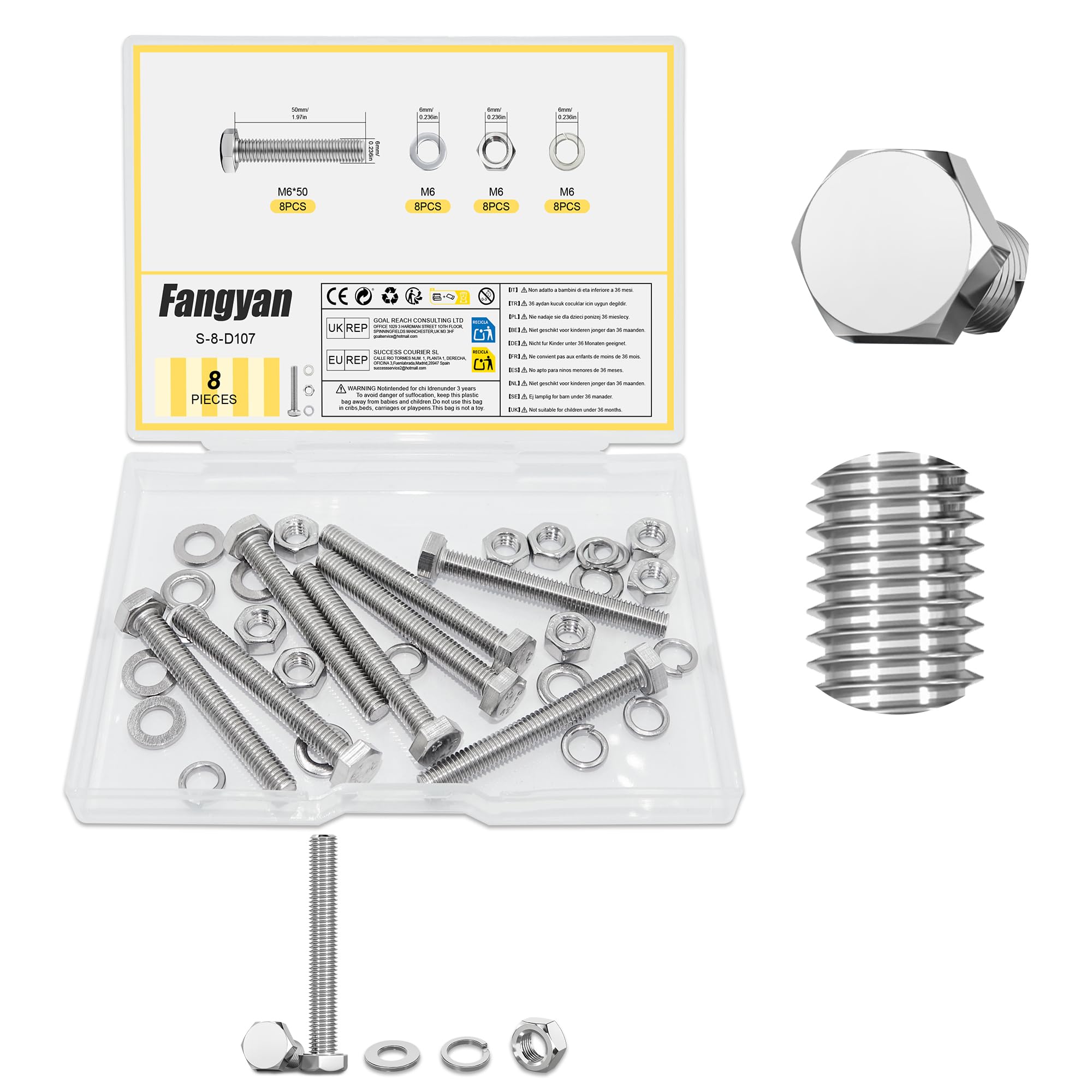 Fangyan 8 Pack M6 x 50mm Hex Head Bolts and Nuts Set - 304 Stainless Steel Fully Threaded Screws with Washers, Anti-Loose Fasteners for Furniture, Machinery, DIY & Outdoor Use