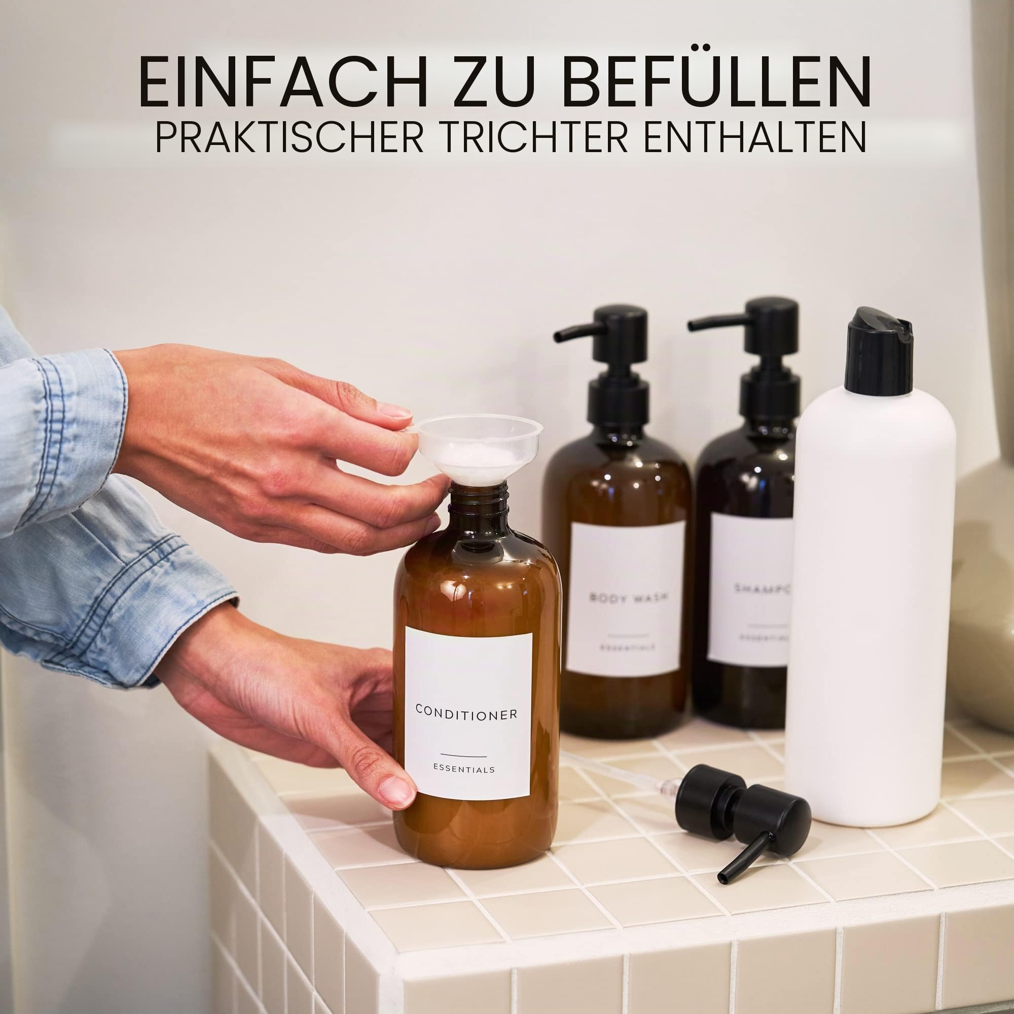 Stylischer Shampoo- und Spülungsspender, Set mit 3 Stück, Moderne 600 ml Duschseife, PET-Flaschen mit Pumpe und Etiketten, einfach zu befüllende Duschwaschspender für EIN sofortiges
