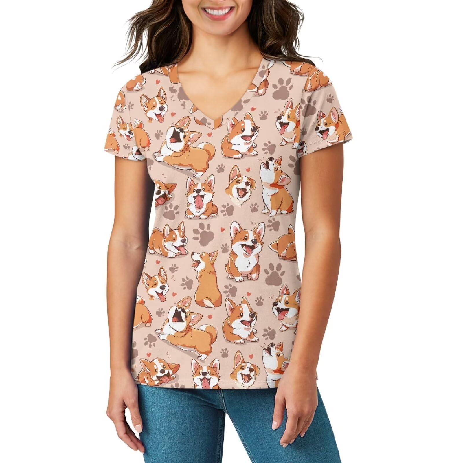 Psaytomey V Neck T Shirts for Women Loose Fit Corgi Dog Paw Print Short Sleeve Lightweight Womens T Shirts Blouses Tee Tops Oversized Women's Causal T Shirts