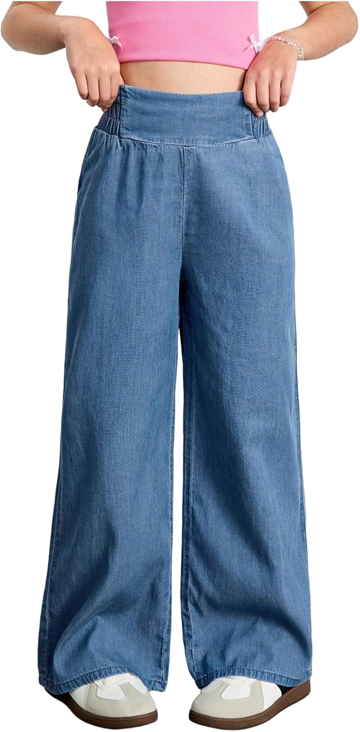 GORGLITTER Girl's Wide Leg Jeans Smocked High Waist Loose Denim Pants