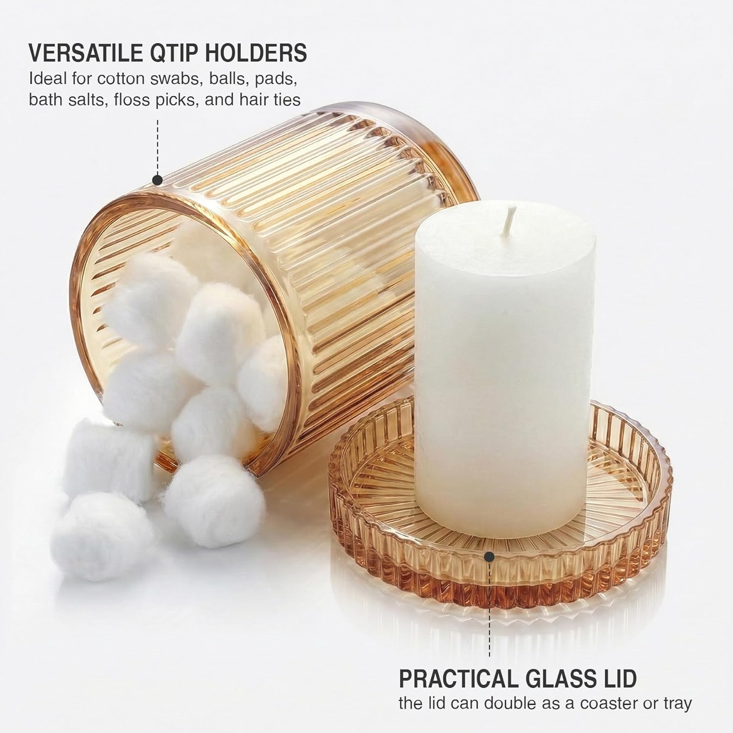 Bathroom Organizers and Storage,2 Pack Glass Qtip Holder Dispenser,Bathroom Essentials Accessories Decor,Vanity Makeup Storage Organizer for Cotton Swabs,Cotton Balls,Pads,Floss Picks (Amber) - Image 3