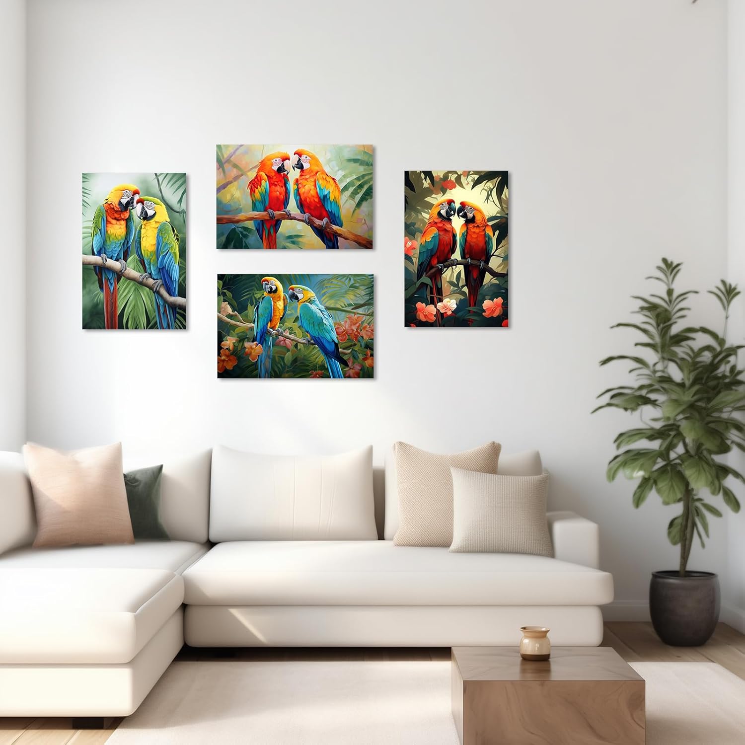 ZXHYWYM Parrot Couple Canvas Wall Art Tropical Macaw Birds on Branch Picture Prints Colorful Animal Romantic Painting for Bedroom Room Decor Framed(4, (12.00" x 18.00"))