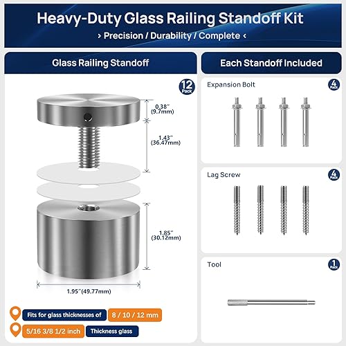 Miniatura 14 de LukLoy SS316 - Paquete de 4 barandillas de vidrio sólido de 1.32 libras de alto rendimiento, pasadores de vidrio grandes de 2 pulgadas de diámetro