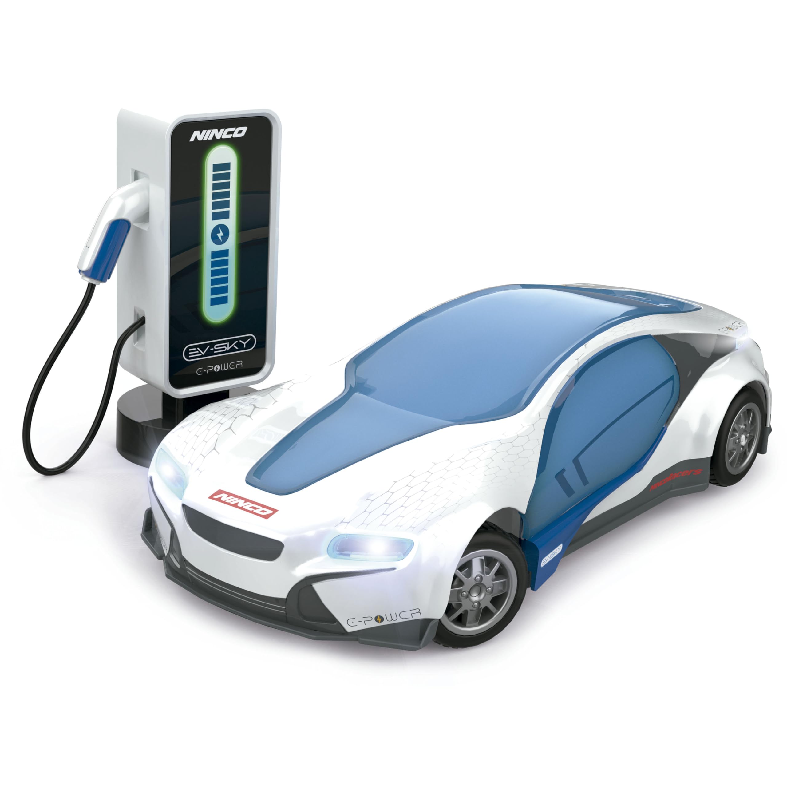 Ninco - Coche teledirigido EV-Sky con batería de Litio y estación de Carga Funcional, Concept Car con Luces Delanteras y traseras, Conector USB C, A Partir de 6 años (NH93196)