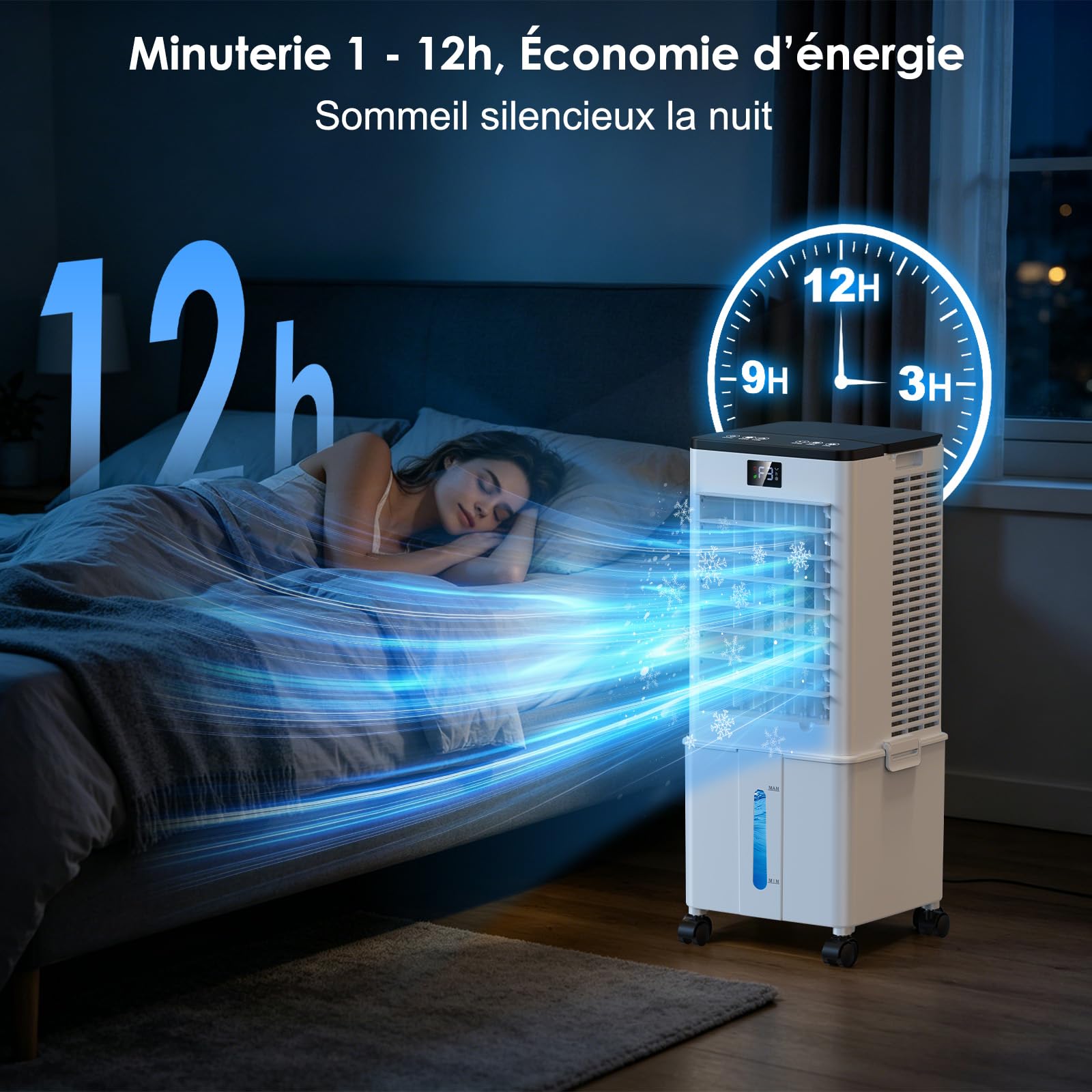 Climatiseur Mobile 10L-Amélioré, Rafraîchisseur d'Air avec Télécommande, Minuterie 1-12h, 3 Vitesses, Oscillation de 60°, Silencieux Climatiseur Portable pour Camping Chambre Cuisine(Noir voilé)