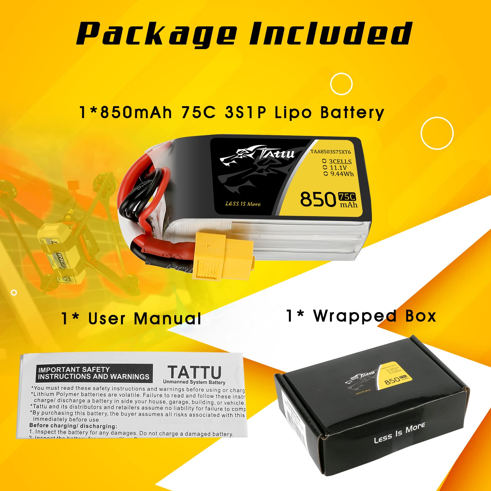 Tattu 3S 850 mAh 11,1 V 75C 3S1P Lipo akumulator z wtyczką XT60 do FPV Racing Quadrocopter 150 180 rozmiar