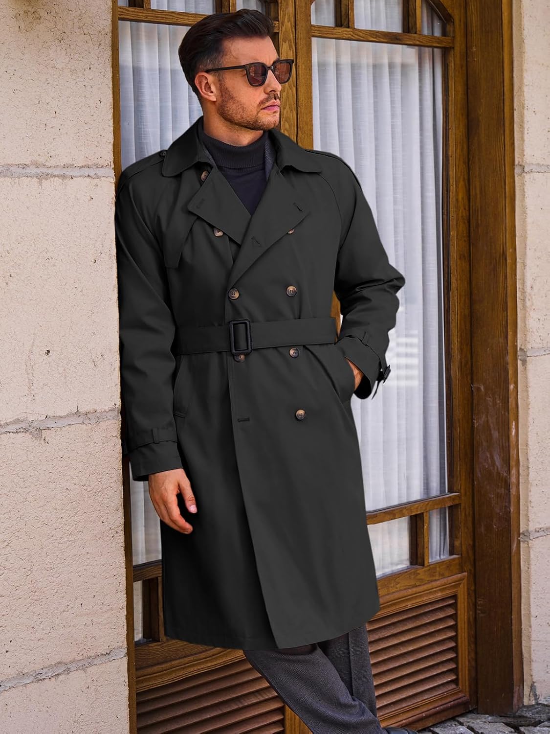 Runcati Mens Trench Coat Double Breasted Long Jacket Casual Windbreaker Notched Lapel Belted Overcoat