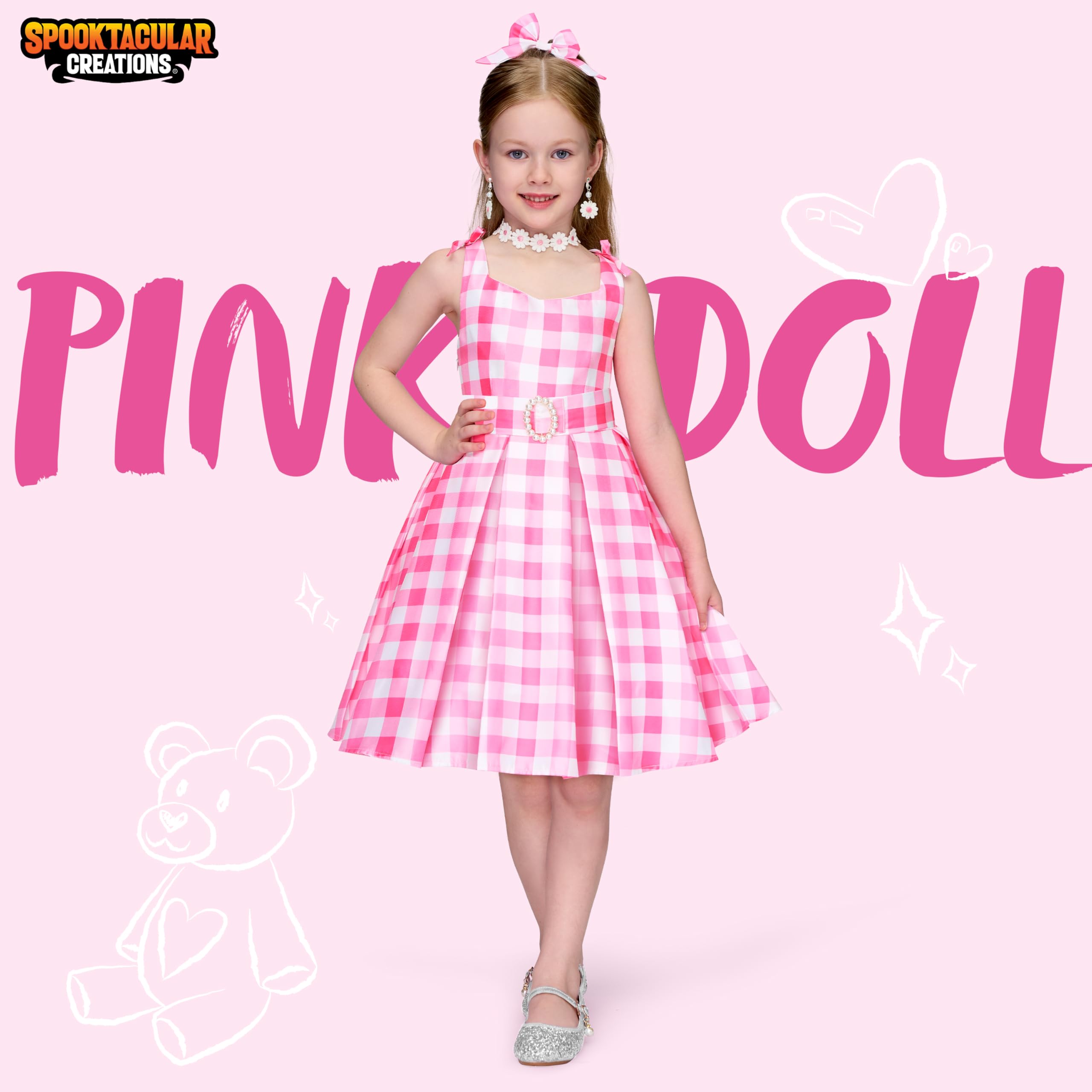 Spooktacular Creations Costume di Halloween per ragazze, costume scozzese rosa, vestito da bambola rosa per giochi di ruolo per feste di Halloween per ragazze (piccolo (5-7 anni))