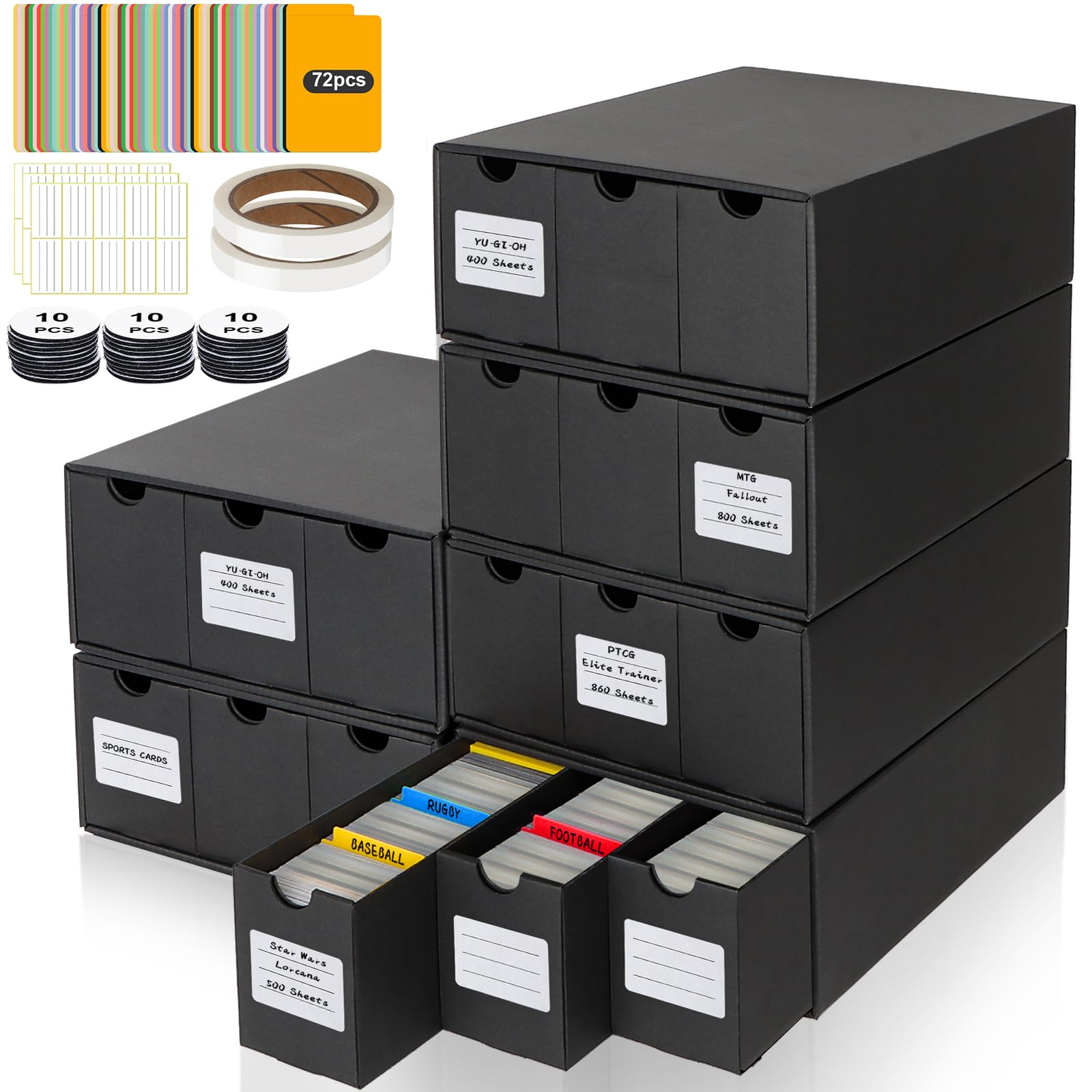 HIMOMO Boîte de Rangement pour Cartes à Collectionner 18000+ Cartes, Organisateur de Cartes avec 60 Diviseurs, Boîte pour Cartes TCG, MTG, PTCG avec Étiquettes et Ruban Adhesif
