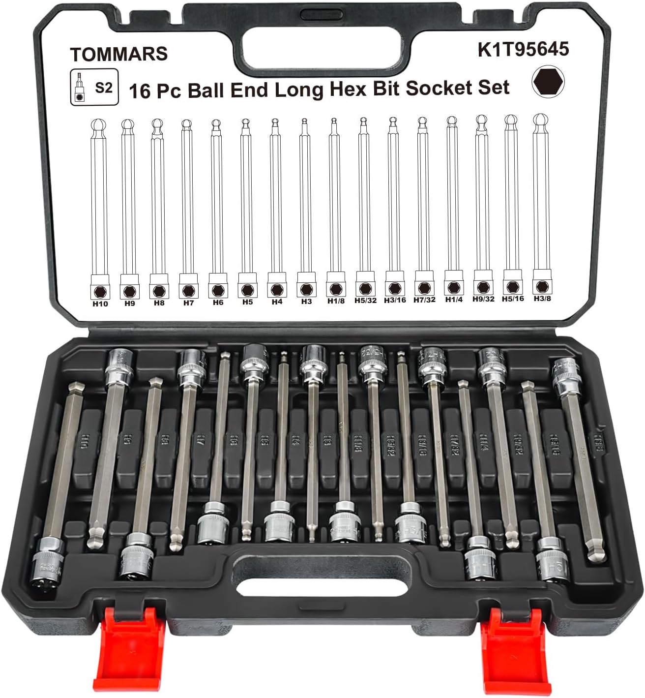 TOMMARS 16-Pc 3/8 Inch Drive Ball End Long Hex Bit Socket Set, Extra Long Allen Socket Set, CR-V and S2 Steel, SAE & Metric 1/8-3/8 in., 3-10 mm.
